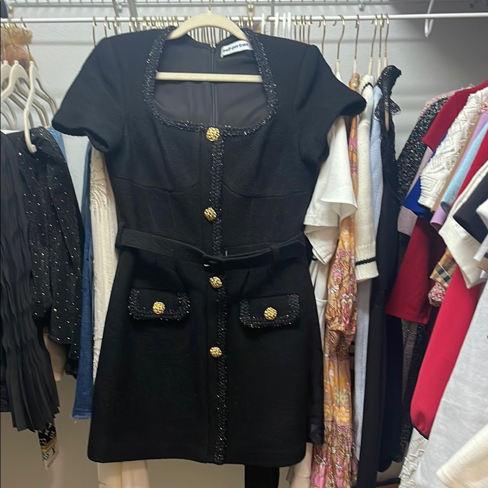 Classic Black Short Sleeve Dress with Gold Button Detail